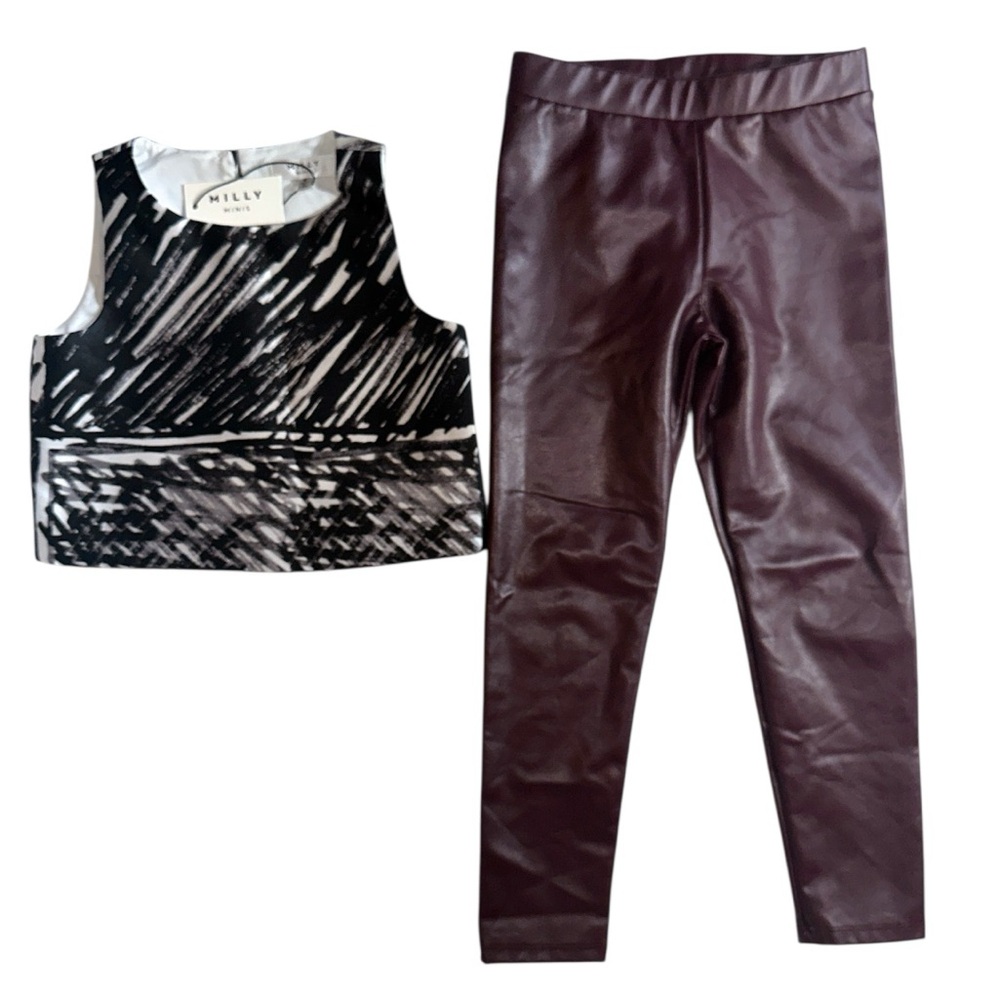 NWT Milly Minis Black & white abstract top & gap Burgundy faux leather pants 5